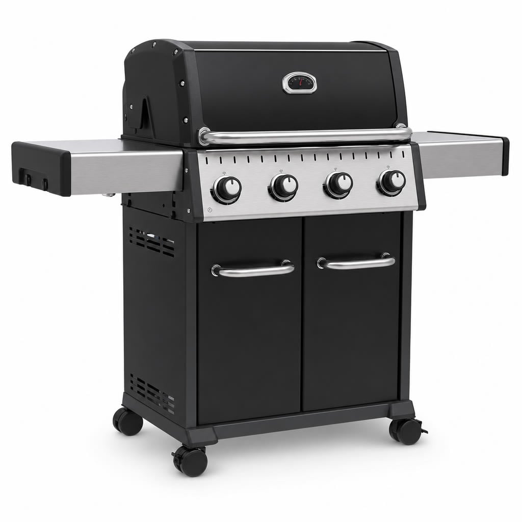 Broil King Baron 440 gas grill with four burners and a stainless steel cabinet