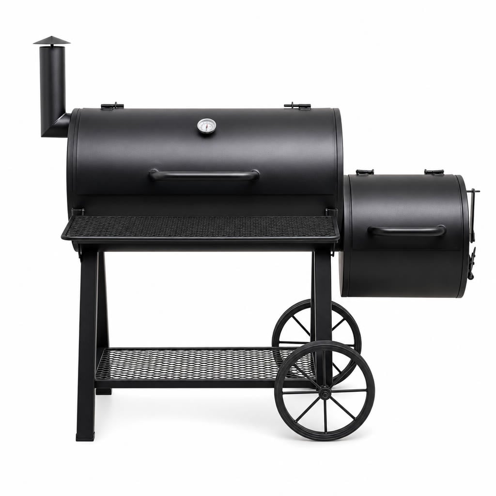 Char-Griller Grand Champ XD offset smoker and charcoal grill in a snowy backyard