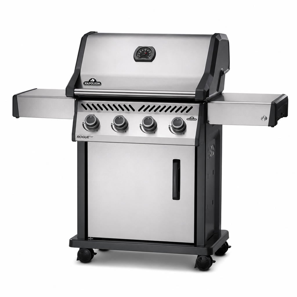 Napoleon Rogue XT 425 gas grill on a wooden deck with infrared side burner visible